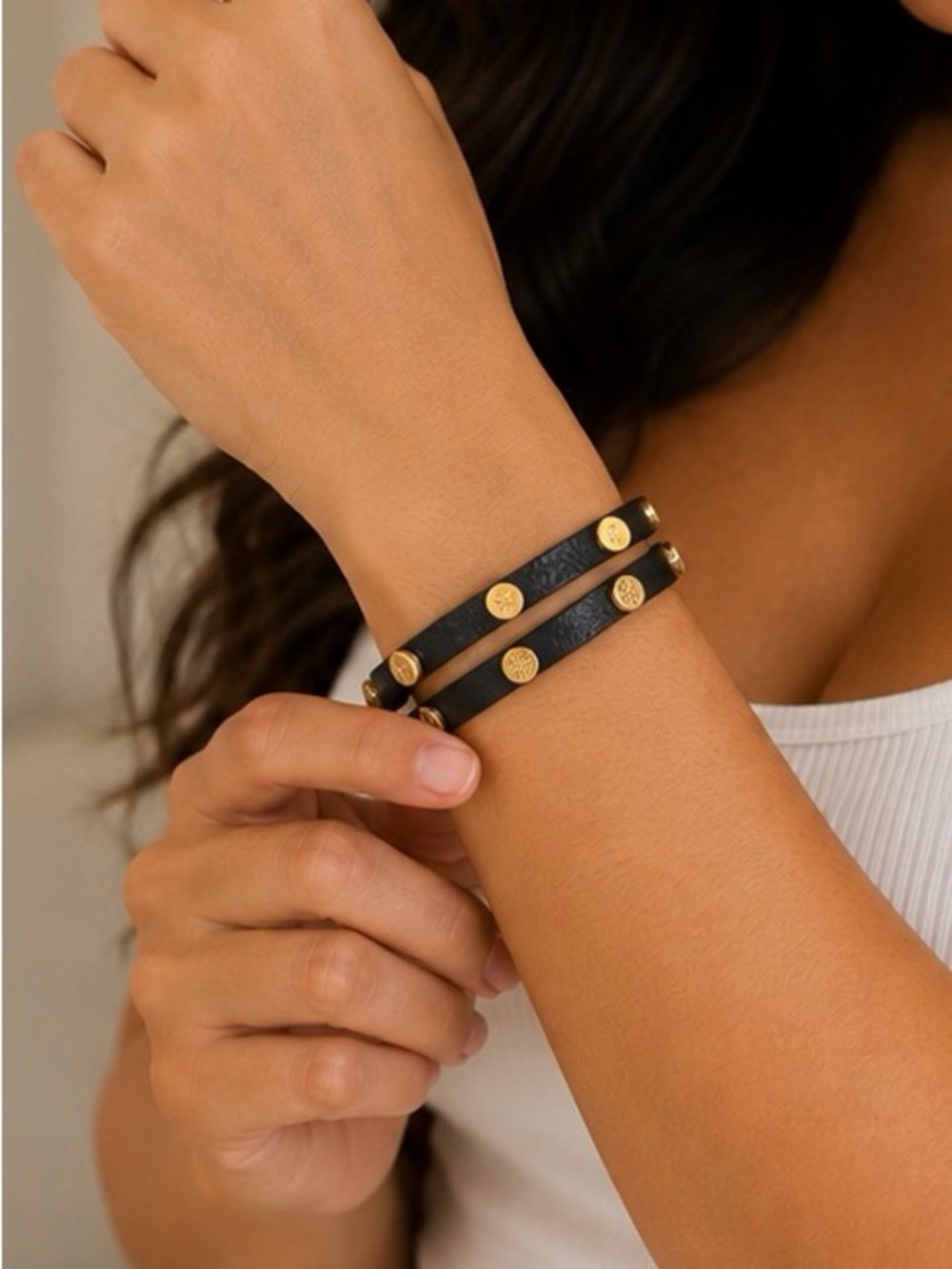 Double Wrap Black Leather Jewelry with Gold Stud Accents